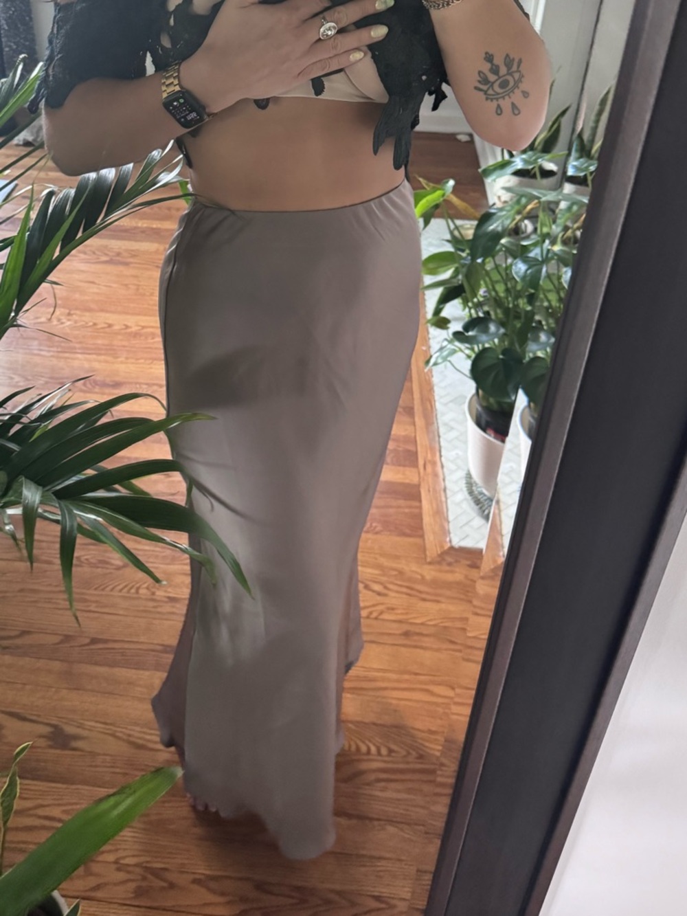 JustFab Taupe Satin Maxi Slip Skirt